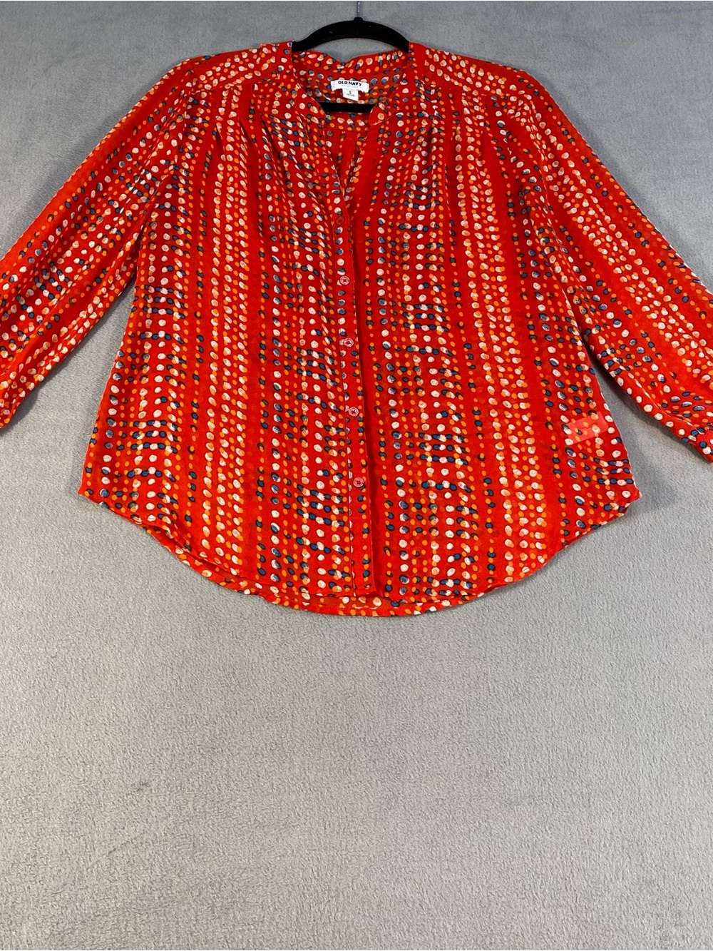 Old Navy women’s Bright Red Multicolored Printed semi sheer Button-Up Blouse, M